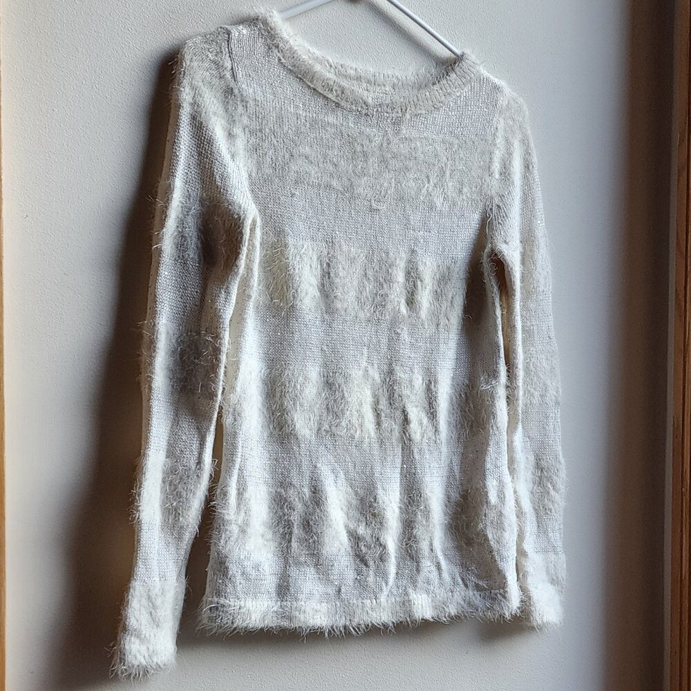 LOFT Cream Fuzzy Striped Scoop Neck Sweater Size XS
